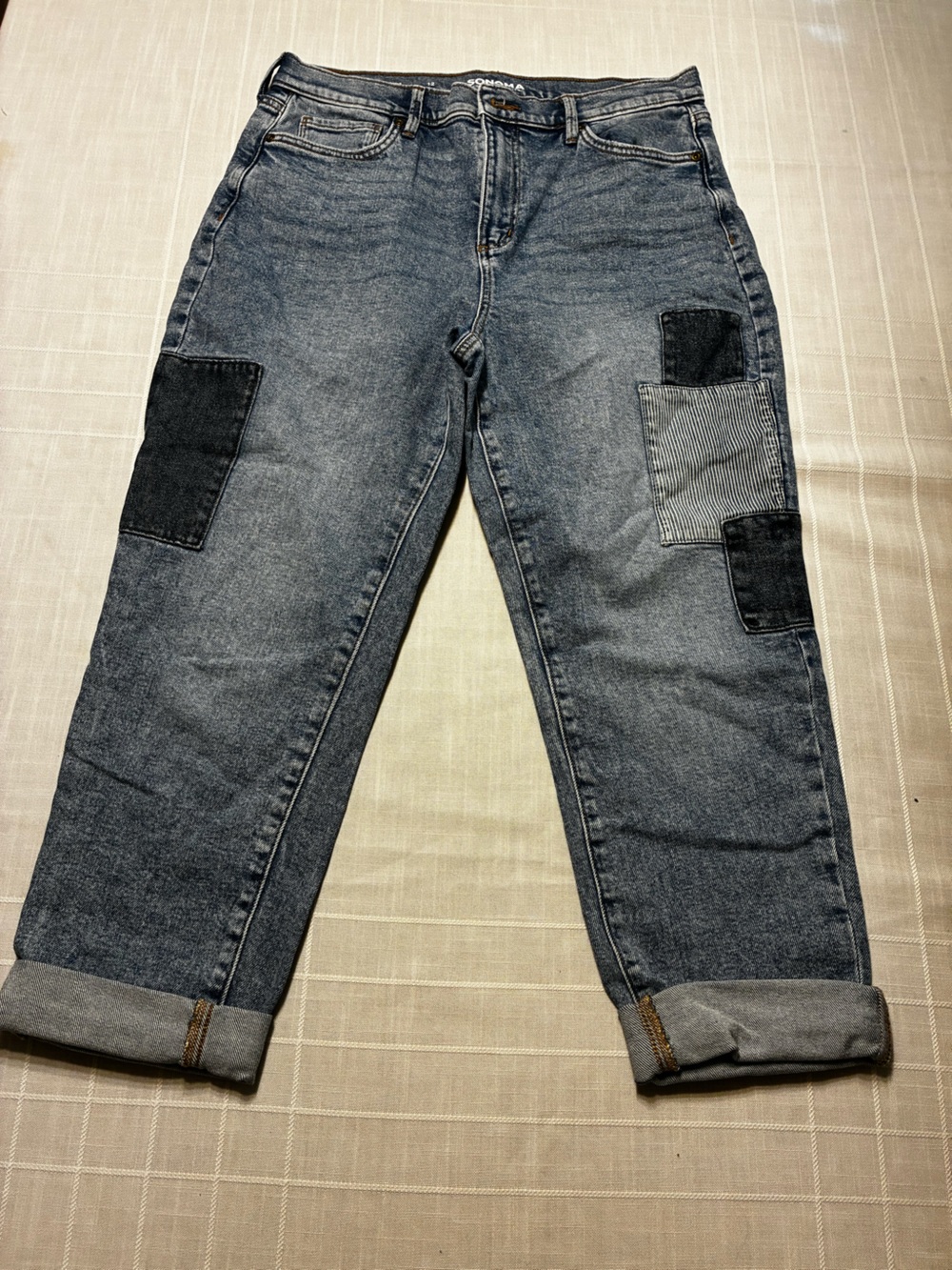 Sonoma Blue Washed Patchwork Boyfriend  Ankle Jeans